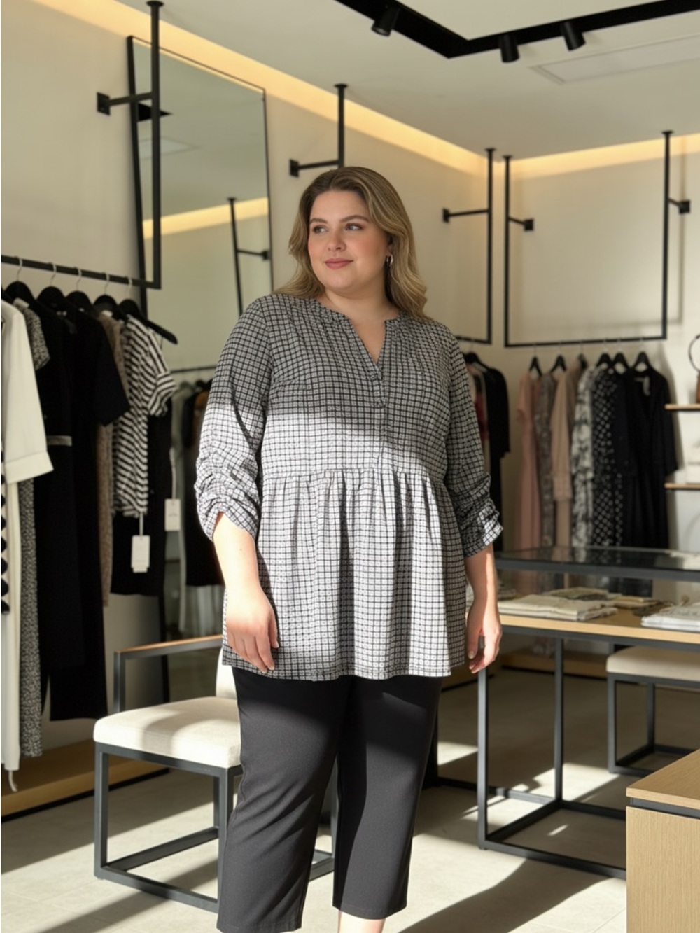Cocomo 1X Black White Geometric Blouse | Flowy Button Front Top - Picture 4 of 5